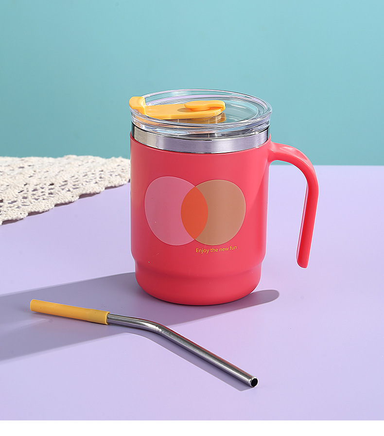 Simple water cup with handle, household and office sealed water cup, mug, student water cup with straw, stainless steel water cup pic 16
