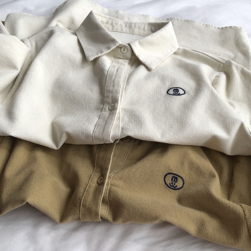 韩版小刺绣灯芯绒正肩长袖衬衫女翻领百搭叠穿衬衣秋冬小个子上衣详情10