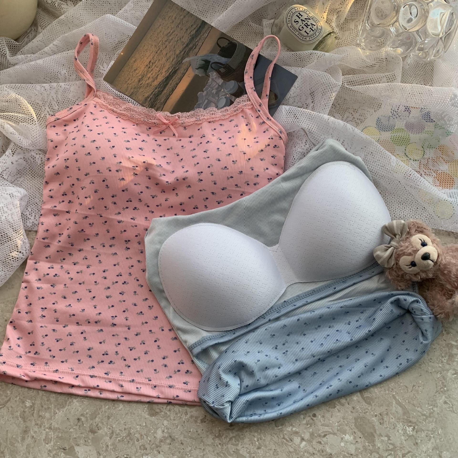 甜辣妹蓝色蕾丝边吊带小背心女夏季bm碎花内搭打底短款带胸垫上衣详情10