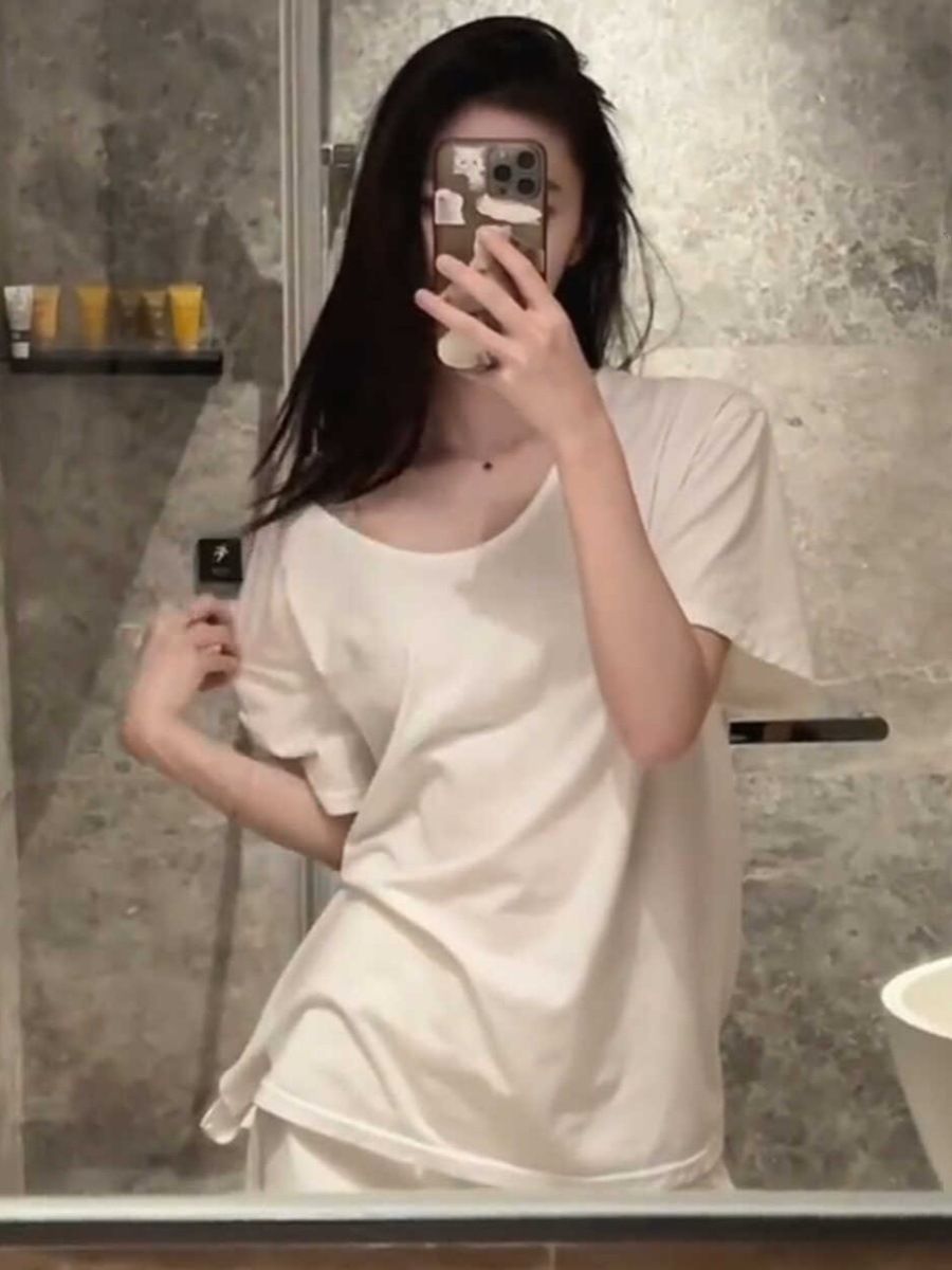 韩版宽松慵懒短袖白色t恤女大U领打底衫夏季薄款显瘦纯色百搭上衣详情2
