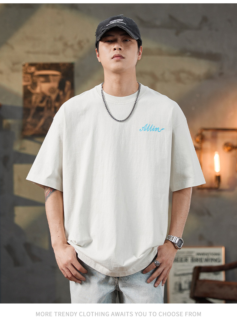 ALLIN pure cotton heavy-duty short-sleeved T-shirt for men, a summer trendy brand with three-dimensional printed letters and loose round-neck couple tops pic 19