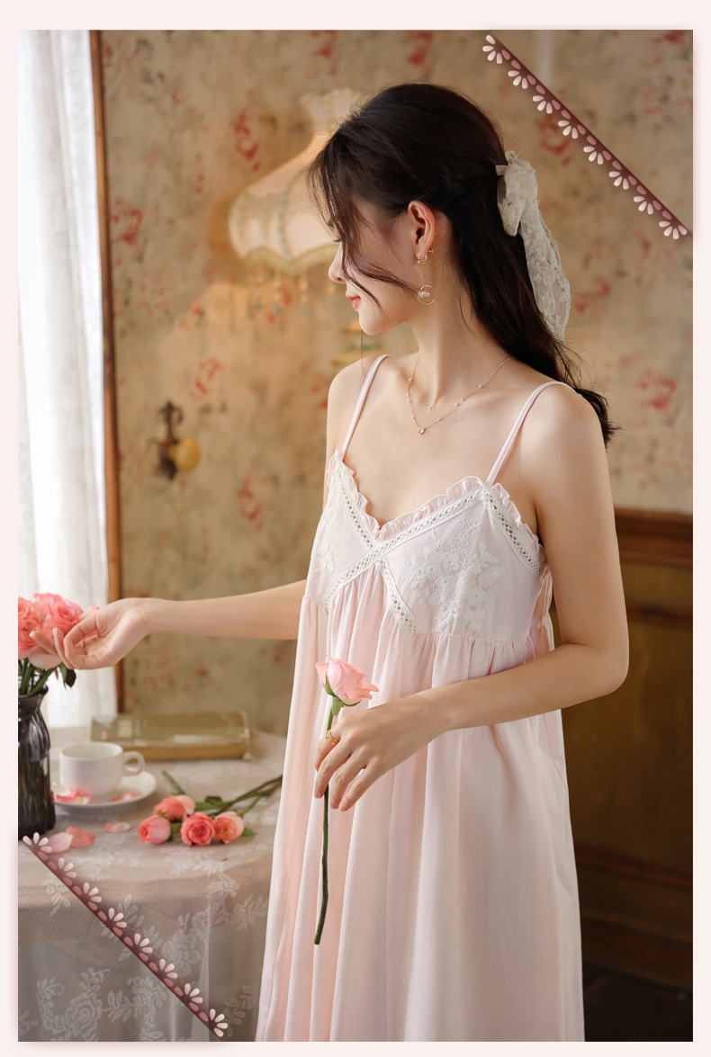 吊带睡裙女夏宫廷风性感蕾丝纯欲长款睡衣裙带胸垫可外穿家居服棉详情15