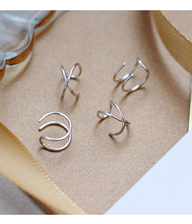 s925 Silver double-line cross ear clips, 2023 New style, trendy, cool and niche, ins black ear clips without ear holes for women pic 5