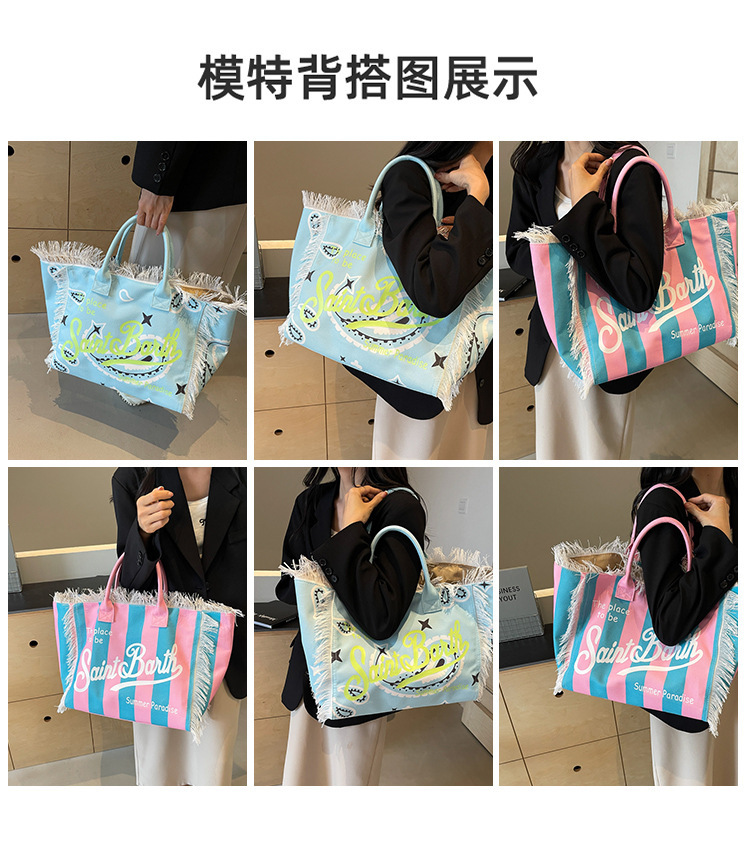 跨境帆布包印花字母帆布袋大容量帆布托特包简约通勤女士单肩包沙滩包流苏帆布包托特包单肩包帆布包详情3