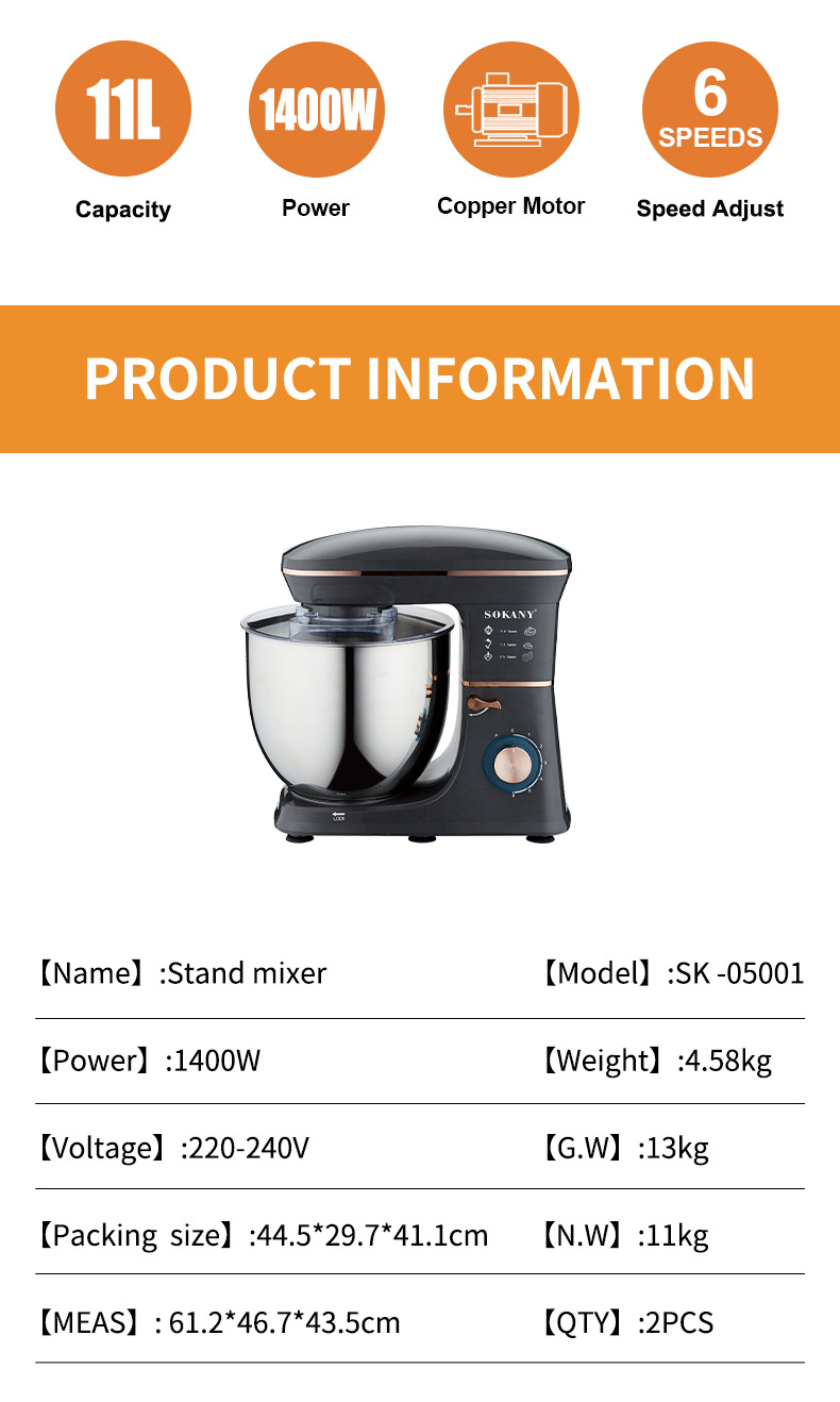 Foreign trade export SOKANY05001 dough kneading machine 11L household chef machine fully automatic egg beating and dough mixing machine pic 3