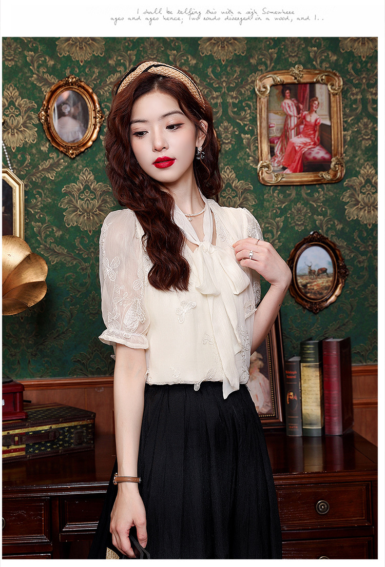 2024年夏季女装高级感蕾丝雪纺衬衫女设计感小众别致蝴蝶结衬衣详情19