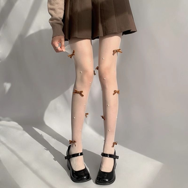 沐阮白色丝袜女夏季日系蝴蝶结纯欲风珍珠小众设计洛丽塔连裤袜详情3