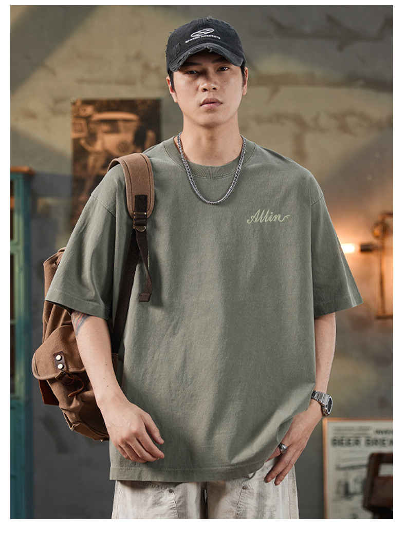 ALLIN pure cotton heavy-duty short-sleeved T-shirt for men, a summer trendy brand with three-dimensional printed letters and loose round-neck couple tops pic 38