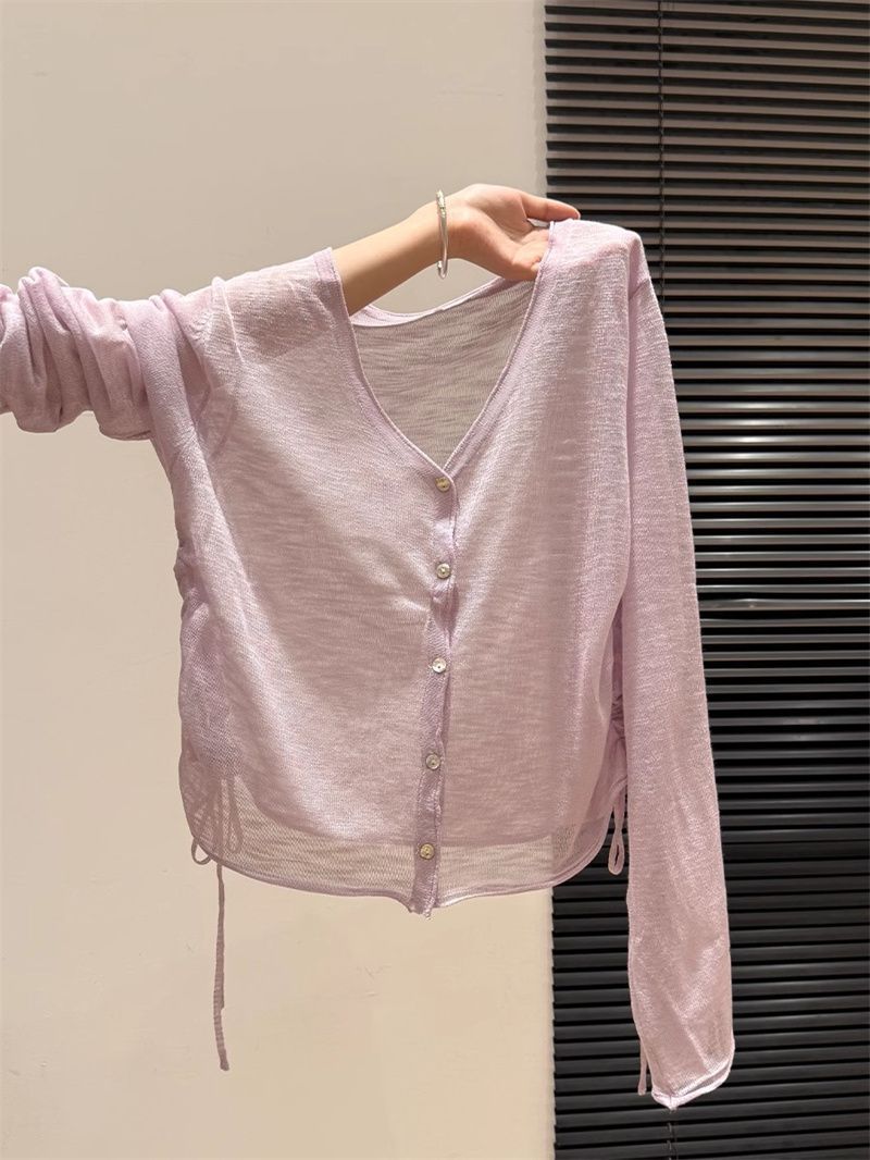 奥特莱斯~大牌余单V领防晒针织长袖开衫女潮夏季新款抽绳薄款上衣详情5