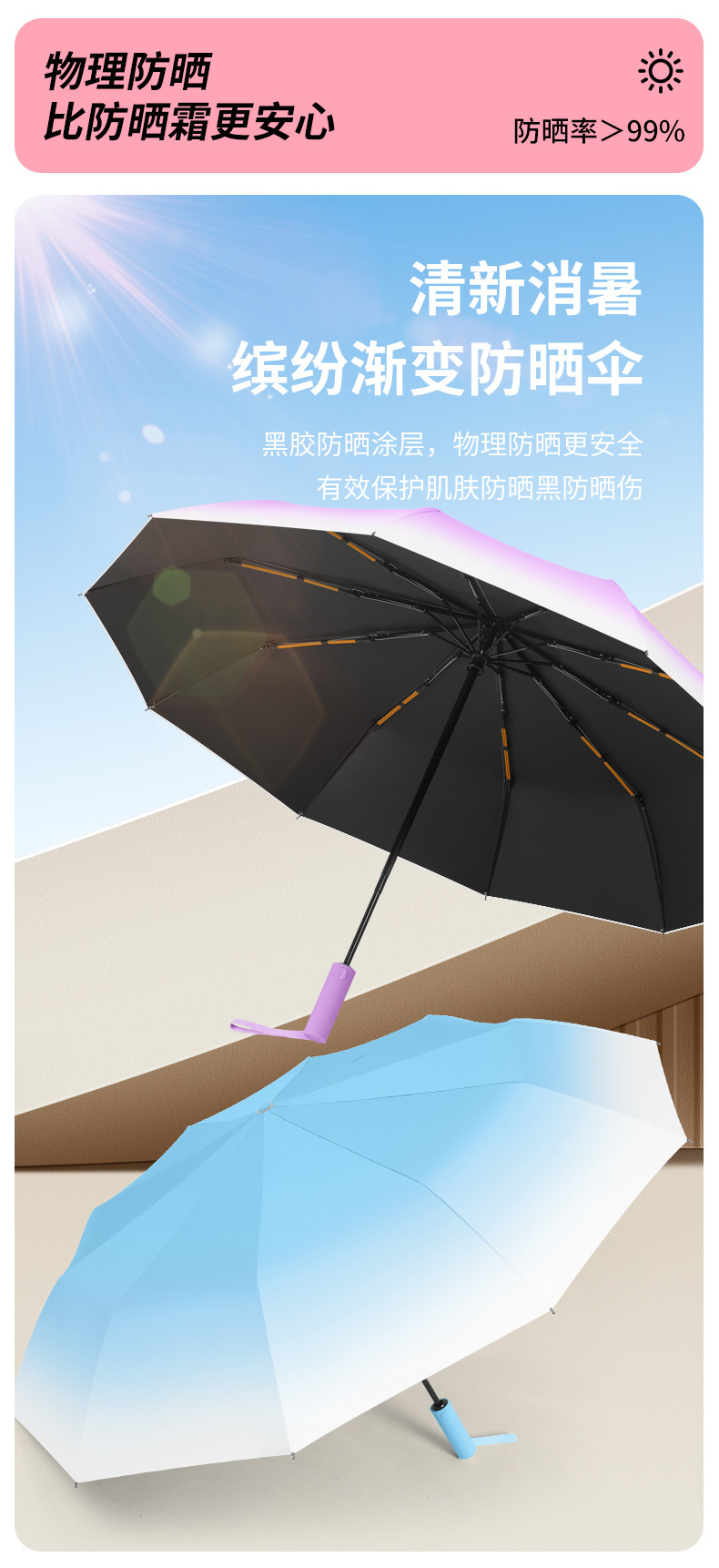 24骨雨伞全自动渐变折叠伞晴雨两用女雨伞加厚加大黑胶折叠伞详情6