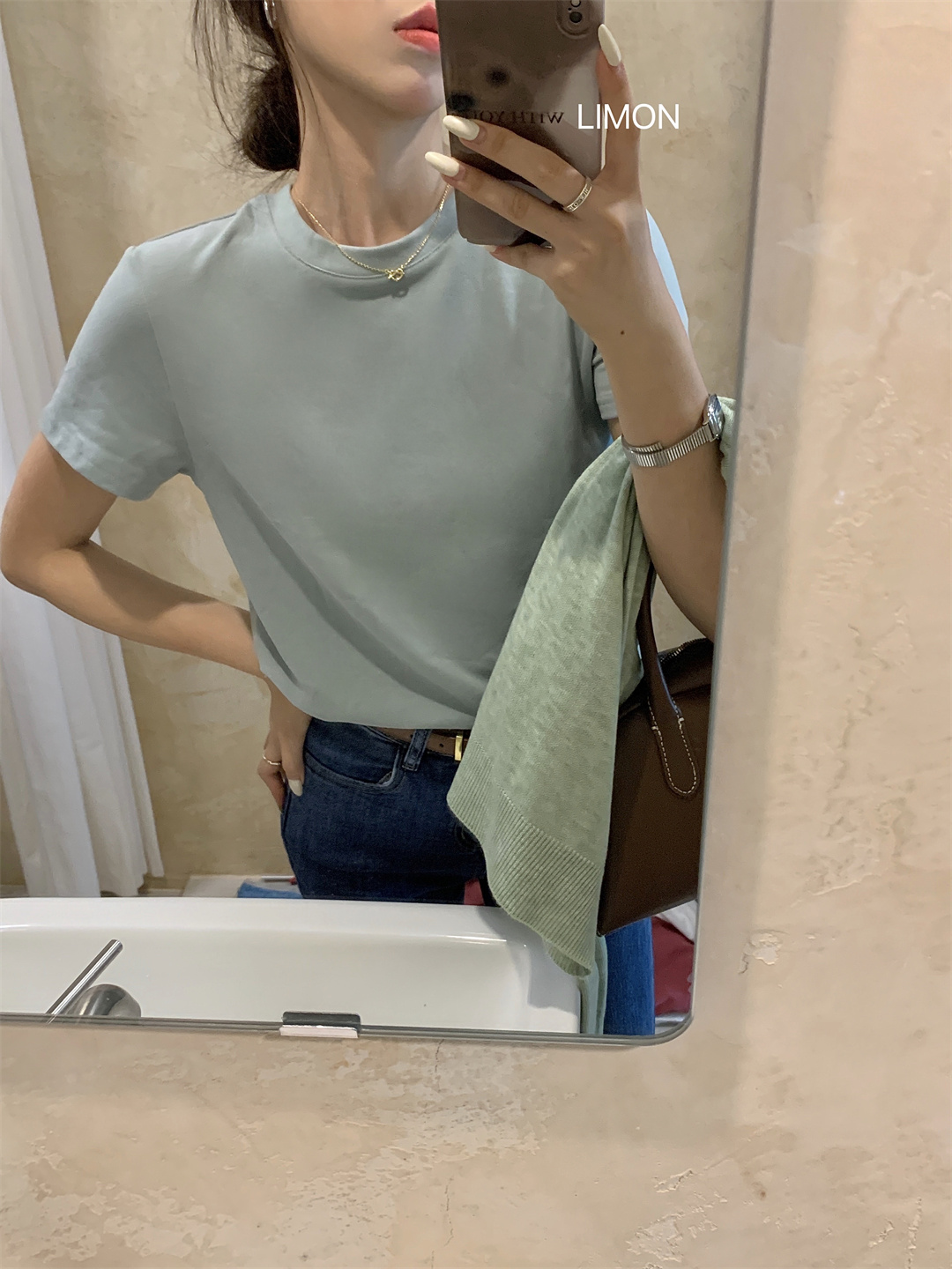 THE LEMON柠檬绿茶正肩磨毛短袖t恤女2024秋季新款百搭上衣打底衫详情68