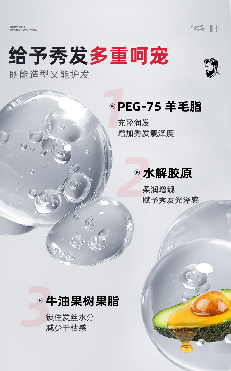 韩伦美羽泡沫发蜡卷发保湿蓬松定型发胶摩丝泡泡弹力素男理发店详情5