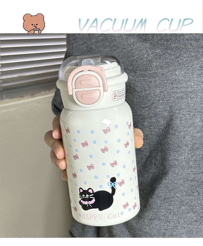 简约小猫保温杯可爱高颜值女生学生吸管杯儿童316不锈钢双饮水杯详情2