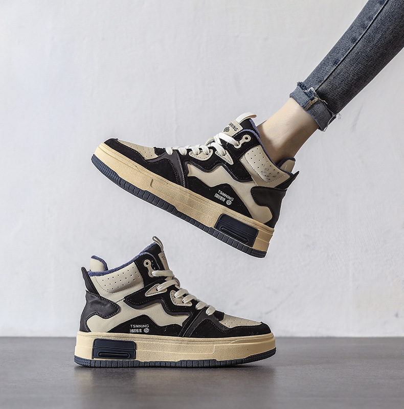 真皮高帮鞋女秋冬厚底拼色板鞋2025新款加绒休闲ins风运动鞋子女详情15