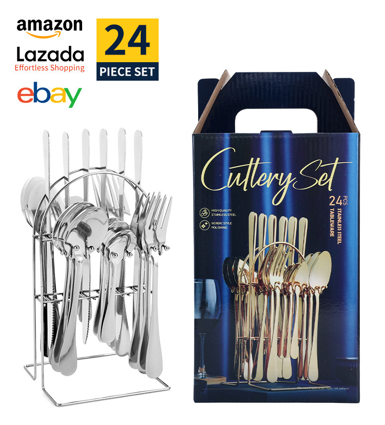 Cross-border 410 stainless steel knife, fork and spoon box set, golden gift box set, high appearance level, 24-piece set, Western tableware four-piece set pic 13