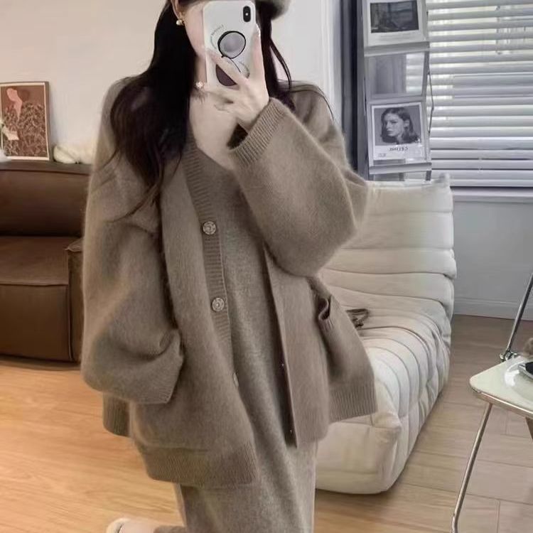 大码胖mm韩系慵懒风针织开衫毛衣女内搭连衣裙两件套秋季2024新款详情10