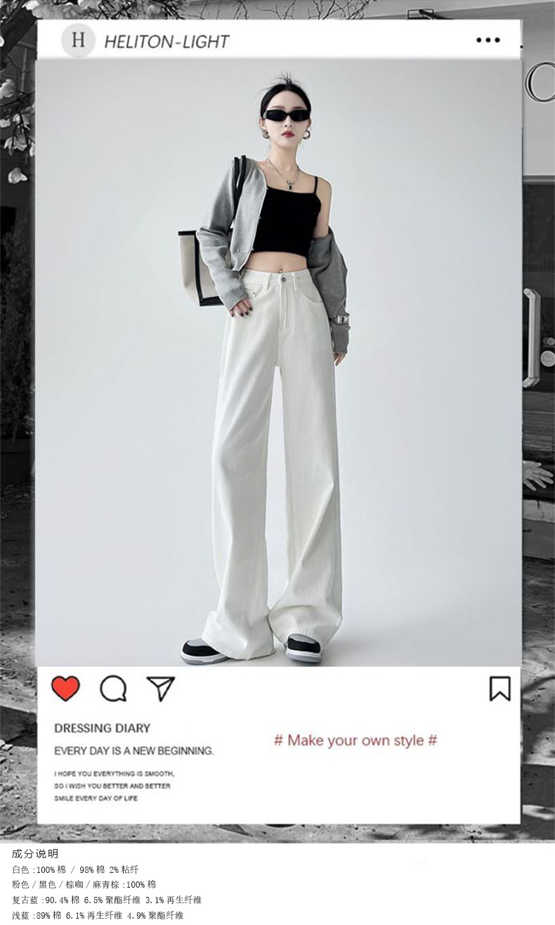 白色阔腿牛仔裤女秋季2025年新款梨形身材高腰宽松拖地直筒裤子女详情19