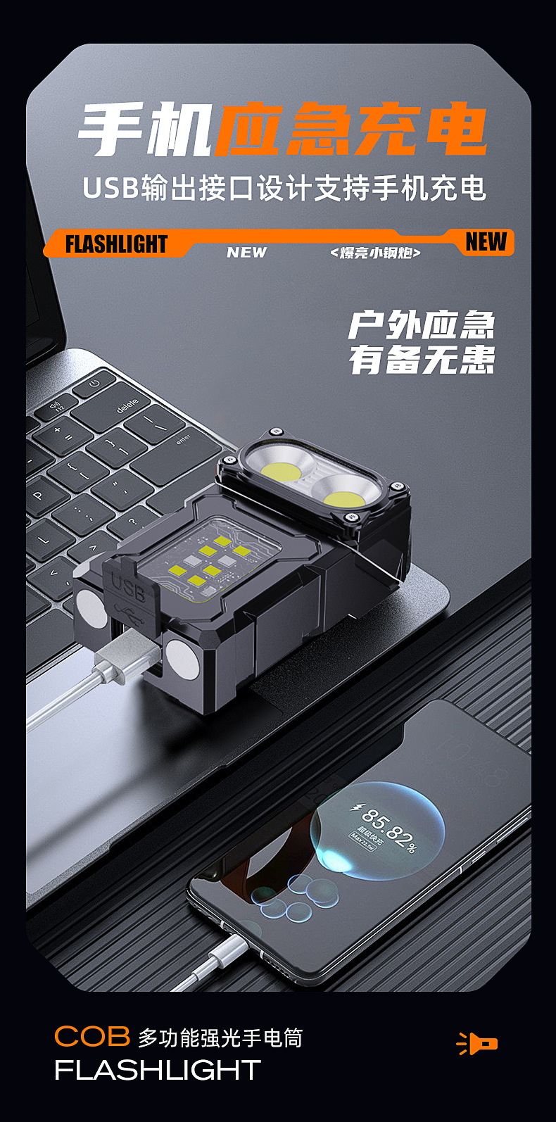 LED手电筒强光超亮充电便携长续航夹帽灯户外专用多功能COB工作灯详情12