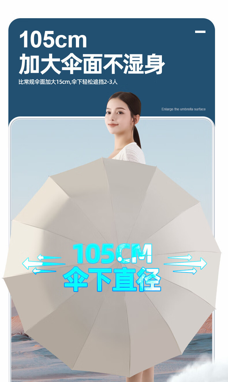 三丽鸥恒盾环扣24骨全自动晴雨伞黑色伞面带白色发光边缘详情14