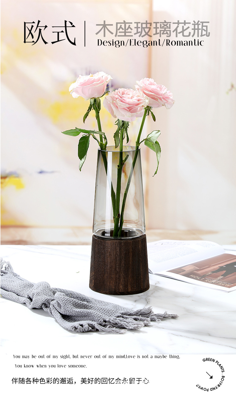北欧 ins轻奢客厅插花瓶木墩木腰大肚小口原色灰色高级感玻璃花瓶详情1