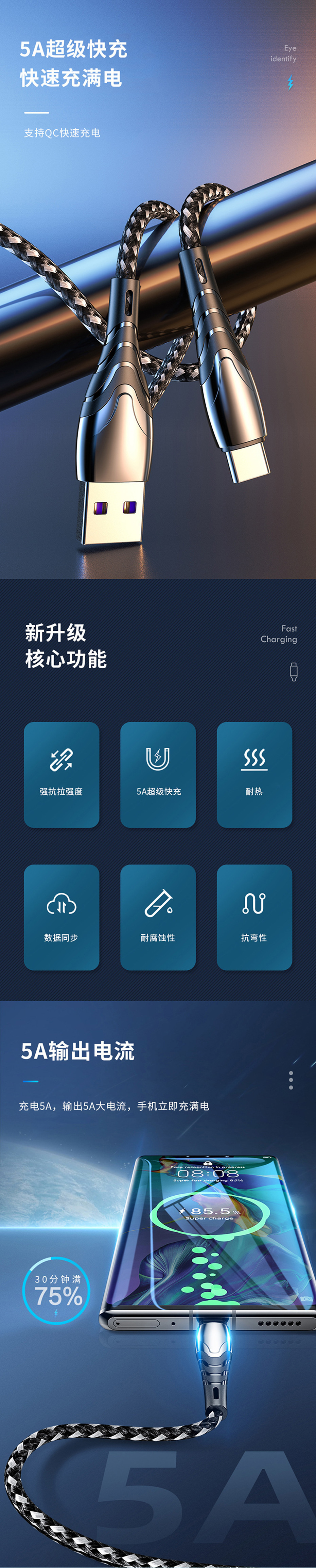 锌合金数据线适用安卓TYPE-C苹果手机USB中性5A快充电线厂家直销详情1