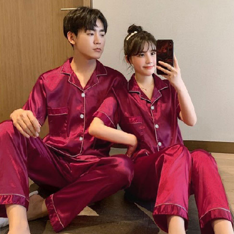 A wholesale set of short-sleeved couple pajamas for spring and autumn, featuring solid ice silk color faux silk for both men and women, can be worn as outerwear for home wear pic 2