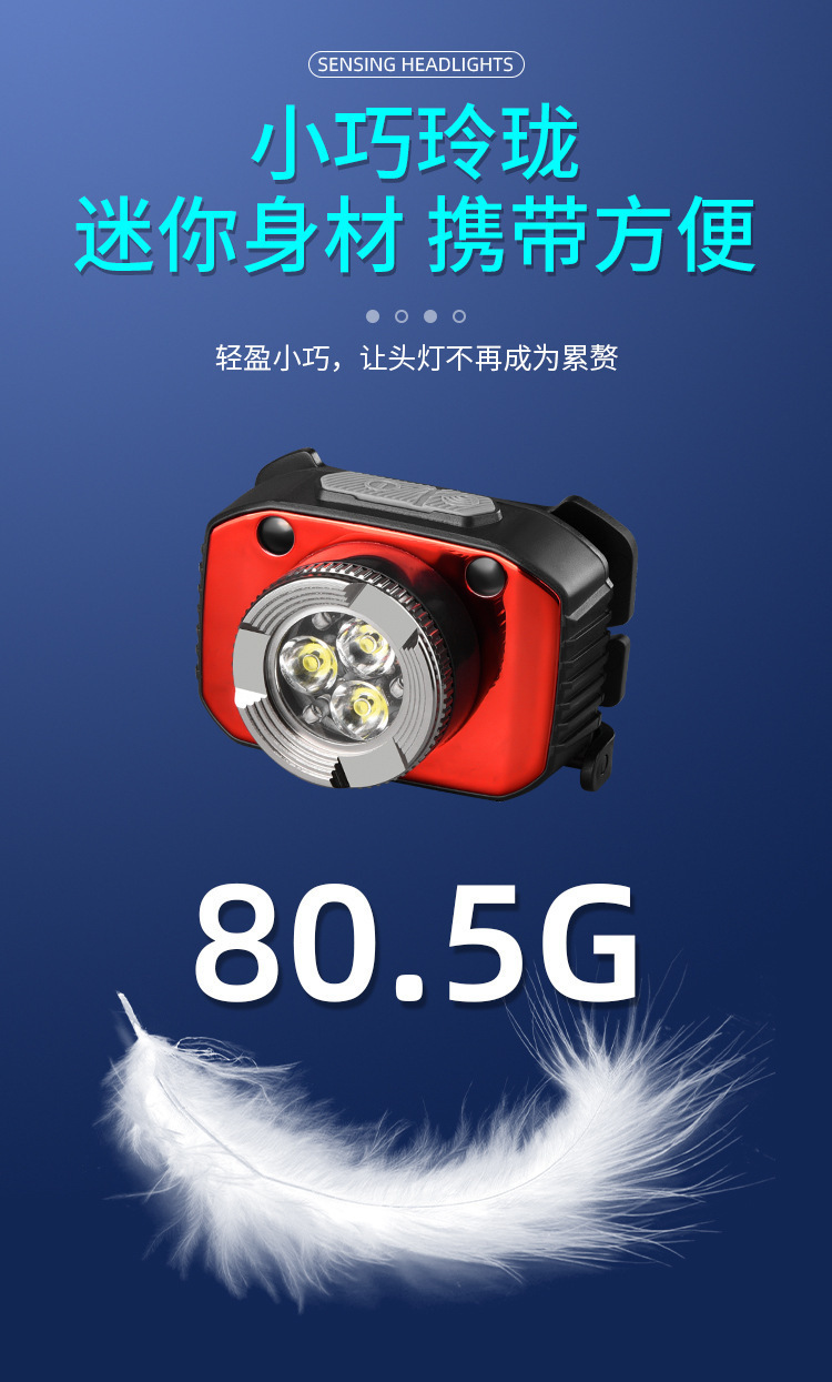 新款强光头灯轻便型户外强光远射头灯三光源头灯便携挥手感应头灯详情3
