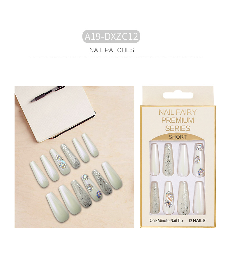 Cross-border long T-shaped false nail, glitter and sequin nail art, colorful artificial rhine-dotted ballet nail, wearable nail wholesale pic 9