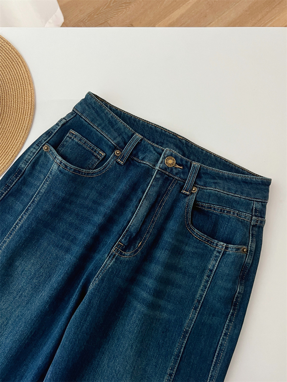 复古时髦高腰斜裁宽松显瘦百搭弹力直筒宽松微喇叭牛仔裤G031612详情19