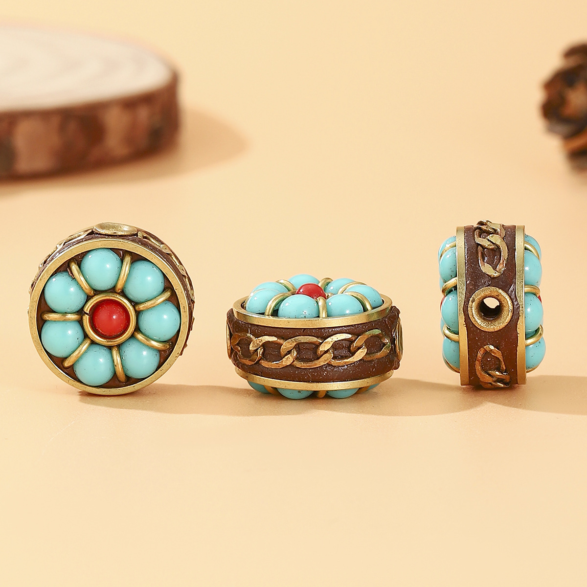 Tibetan-style Nepalese turquoise copper beads DIY, retro ethnic style flower spacer beads, bucket beads accessories, loose beads pic 5