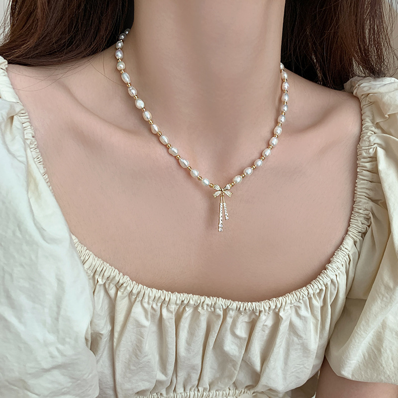 淡水珍珠项链微镶锆石蝴蝶结法式复古锁骨链铜珠间隔设计感项饰女详情18