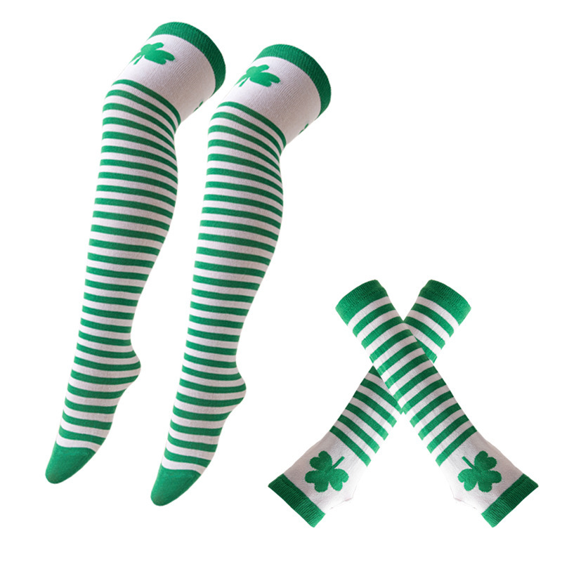 爱尔兰节绿色长筒袜派对三叶草过膝袜圣帕里克节幸运草条纹长筒袜详情7