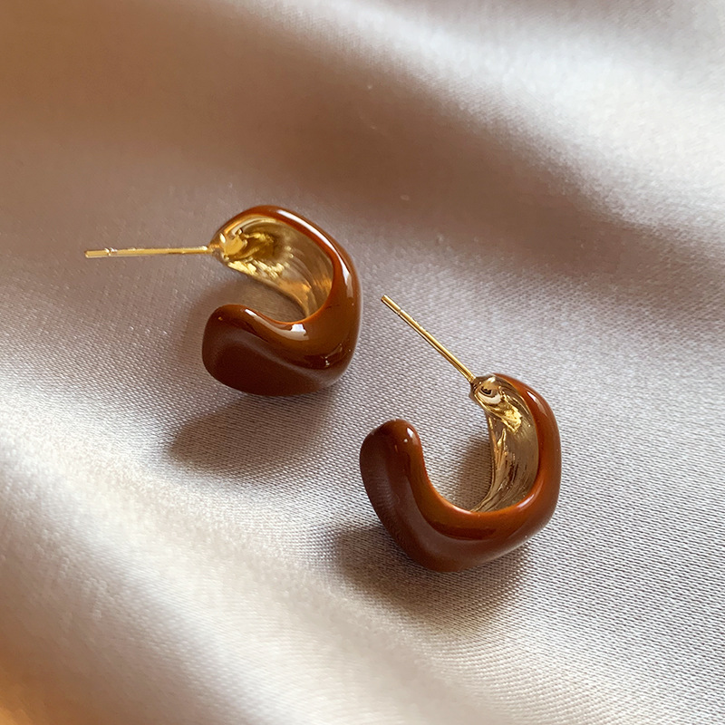 银针咖色滴油波浪弯曲耳钉复古轻奢耳环简约气质高级感耳饰批发女详情2