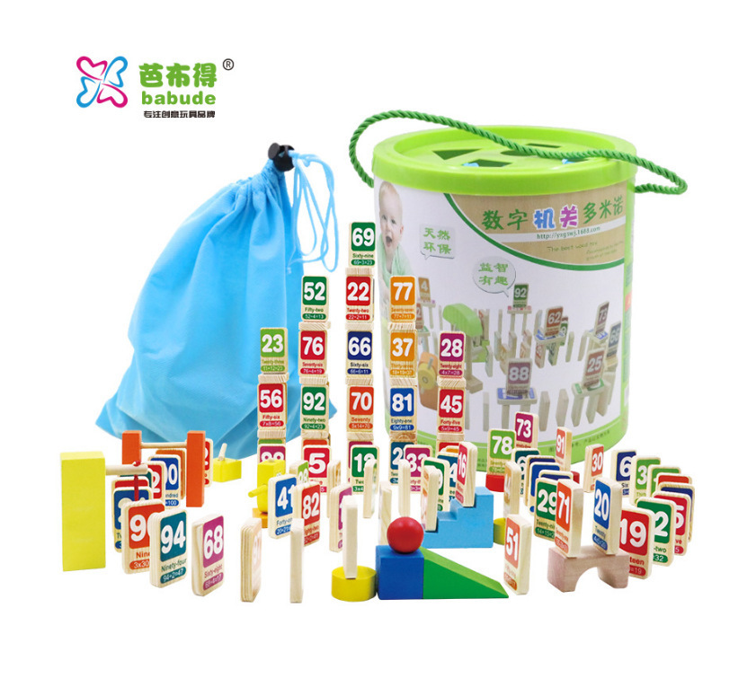 儿童早教启蒙木质积木宝宝认知玩具桶装100片汉字数字多米诺批发详情9