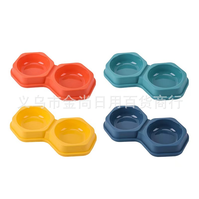 Pet supplies, cat and dog food sets, candy-colored hexagonal double bowls, drinking and feeding basins, dog bowls, cat bowls, cross-border new style pic 1