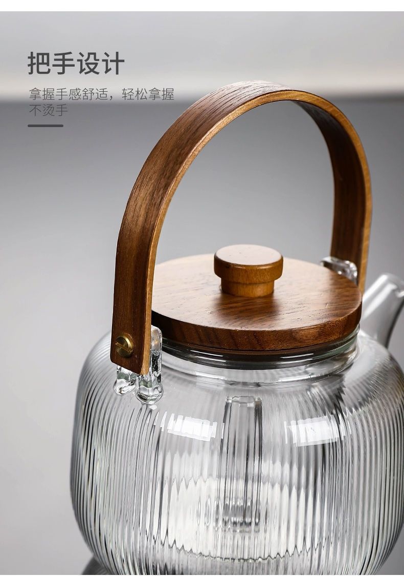 Wholesale high-temperature resistant flower and plant teapot sets, fruit boiling teapots, household steaming and boiling integrated wooden handle, glass vertical grain brewing pic 14