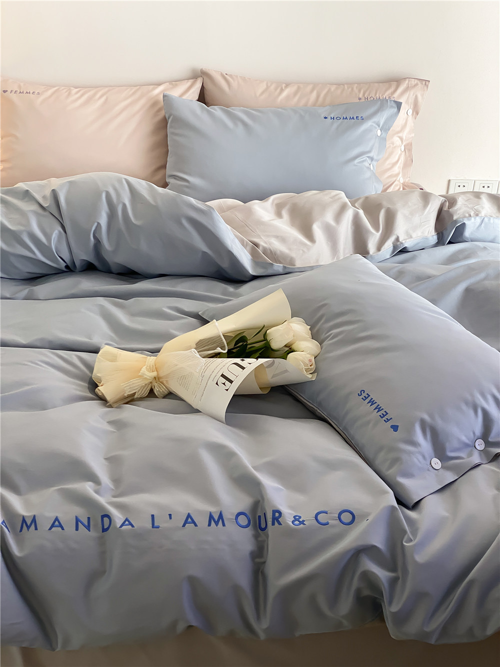 Simple, light luxury and fashionable solid-color long-staple cotton four-piece set, pure cotton letter-embroidered duvet cover, double bedding pic 29