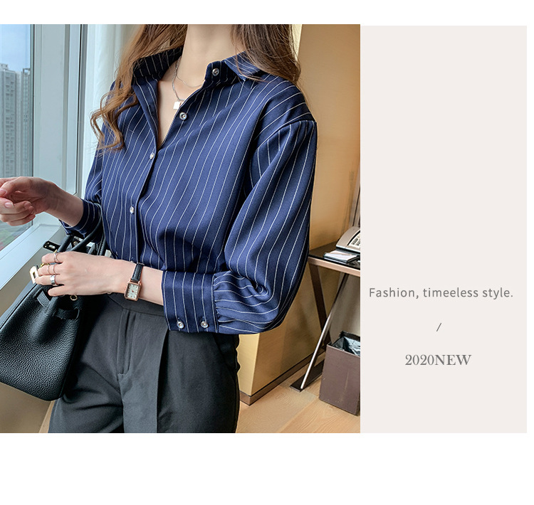 This vertical striped chiffon shirt for women with three-quarter sleeves is a new autumn collection. It features a unique and mature design with a sense of elegance and drape pic 13