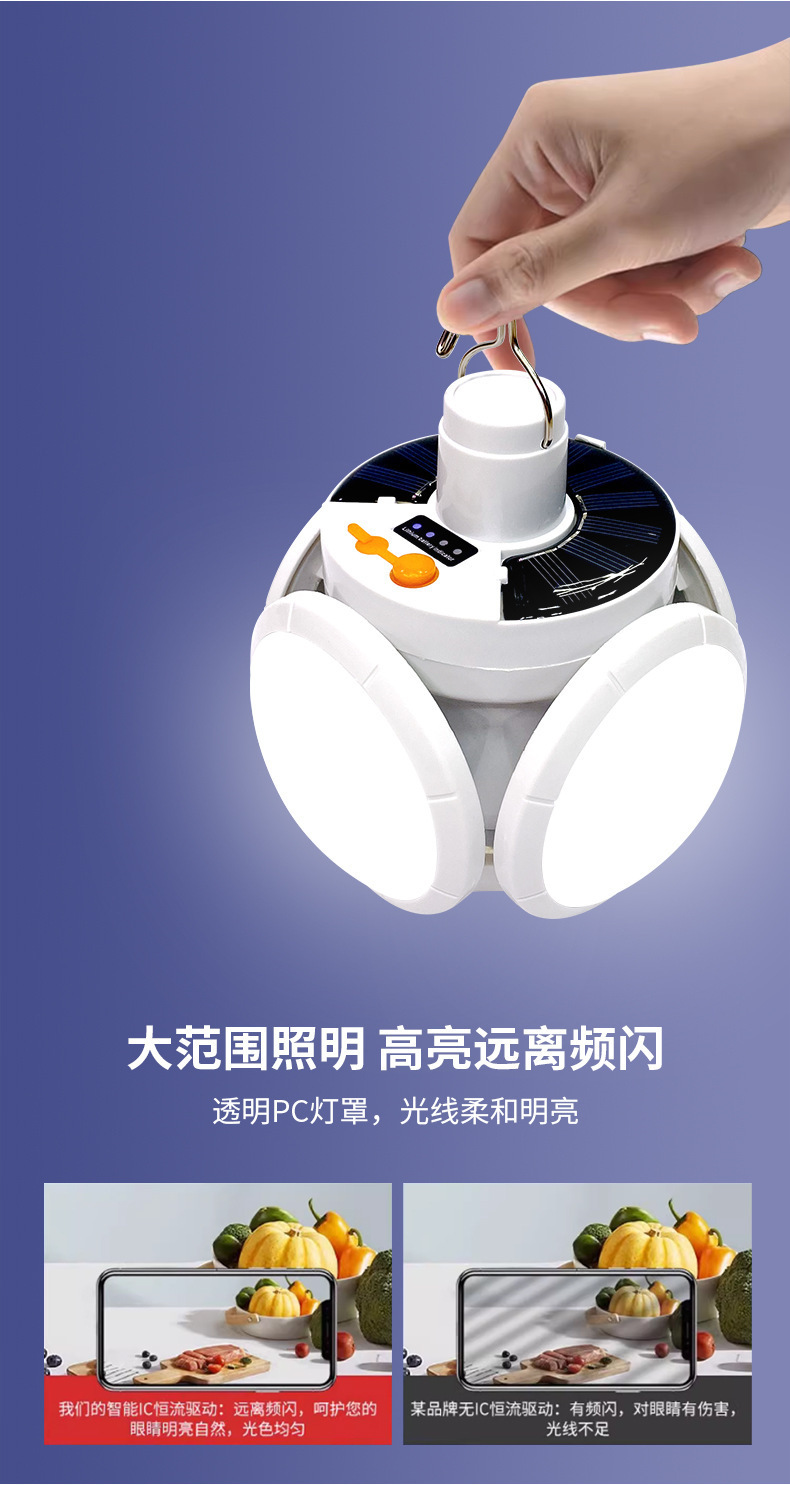 Solar-powered football lamp, long-lasting charging camping lamp, five-sided light-emitting multi-functional folding household emergency bulb lamp pic 9