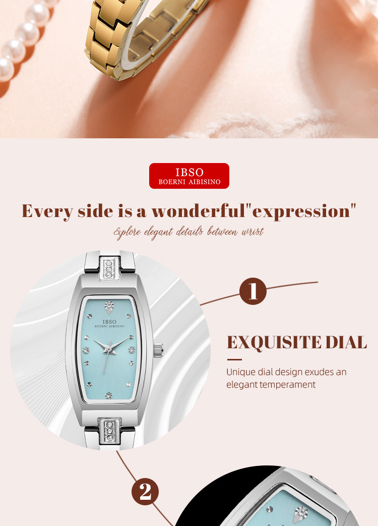 IBSO輕奢酒桶形女士石英表金色鑲鉆小表盤時尚簡約腕表詳情3