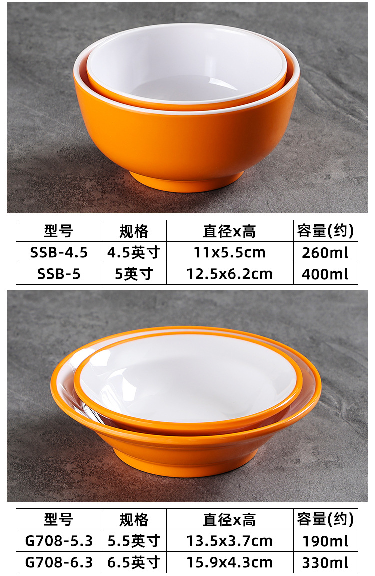 厂家批发A5密胺餐碗橙白系列碗筷仿瓷餐具圆形碗高颜值酒店餐具详情15