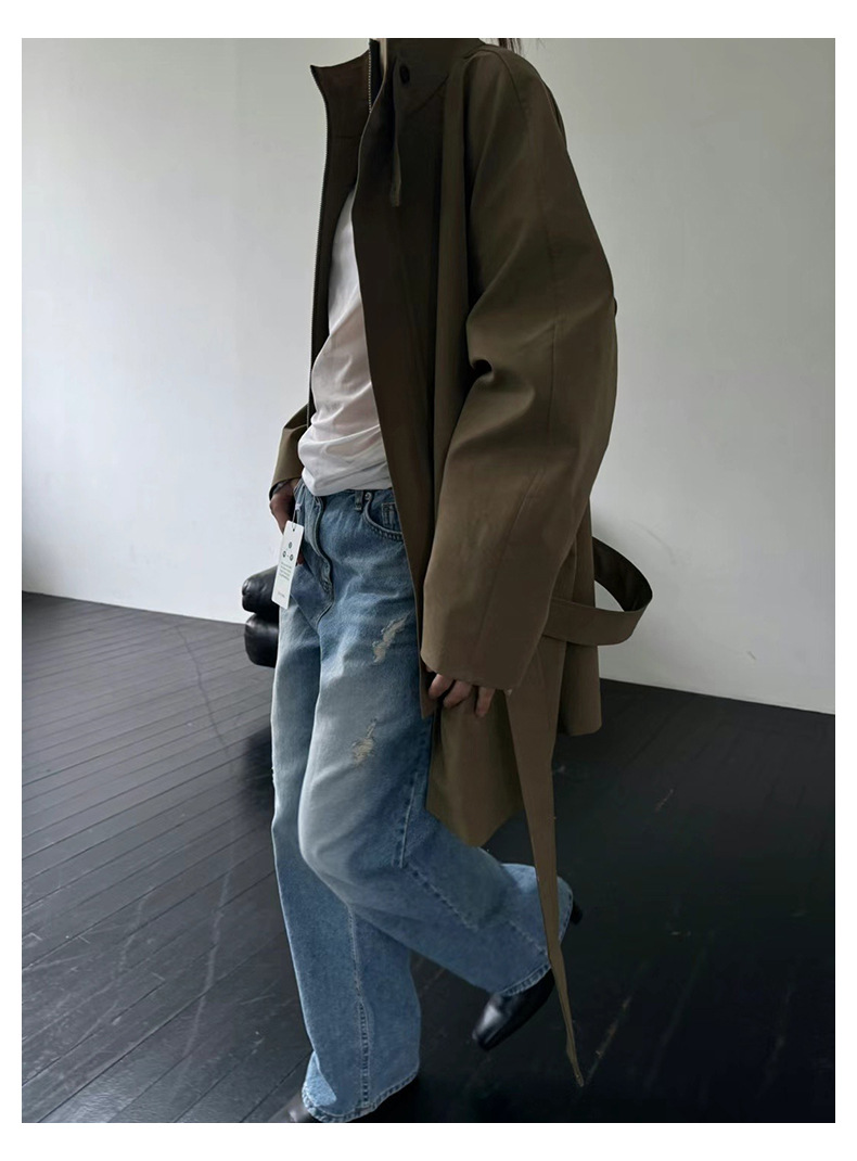 2025春季新品 韩国东大门女式风衣 立领系带设计 复古通勤风格 高级感慵懒风衣外套女款详情11