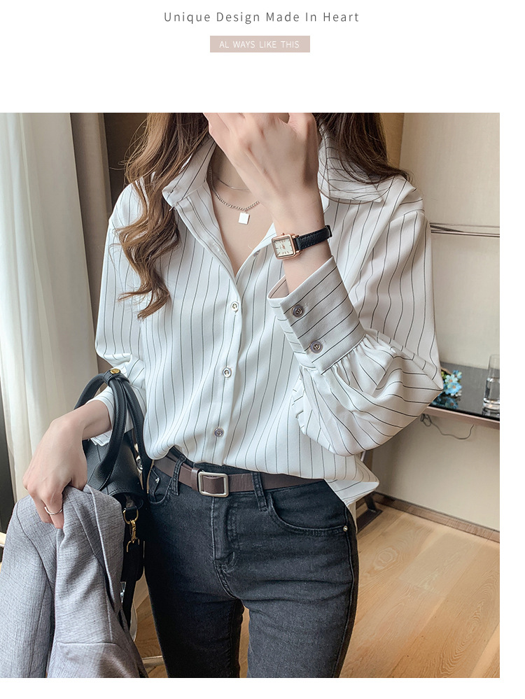 This vertical striped chiffon shirt for women with three-quarter sleeves is a new autumn collection. It features a unique and mature design with a sense of elegance and drape pic 20