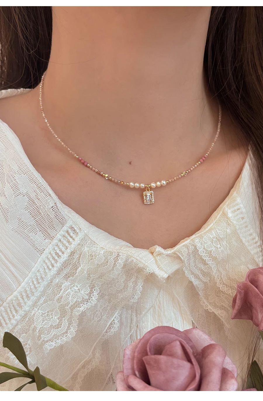 多巴胺项链不掉色女夏季高级感小众水晶锆石串珠吊坠锁骨颈链饰品详情15