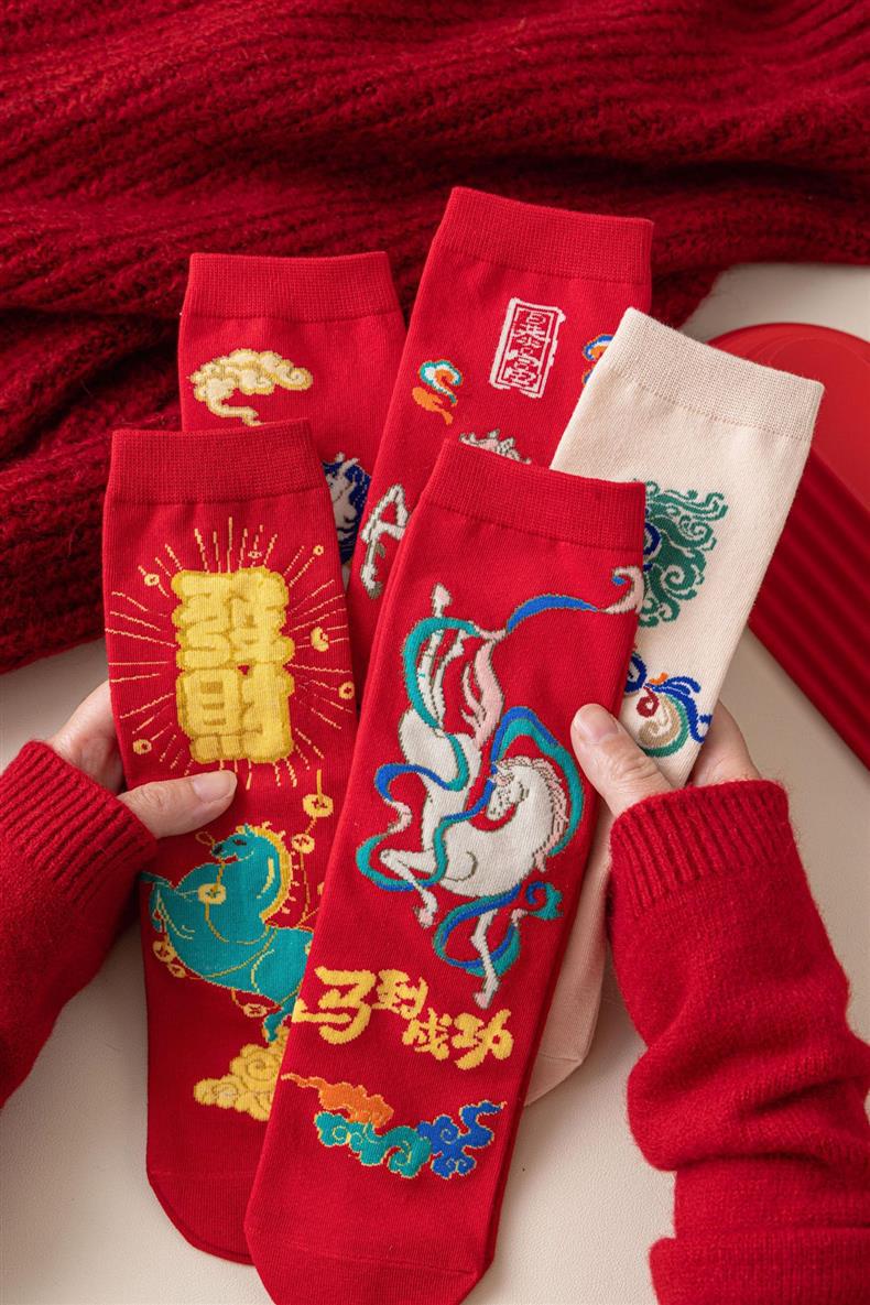 国潮马年中国风红袜子本命年中筒红色古风福马礼物吸汗动漫卡通薄款详情5