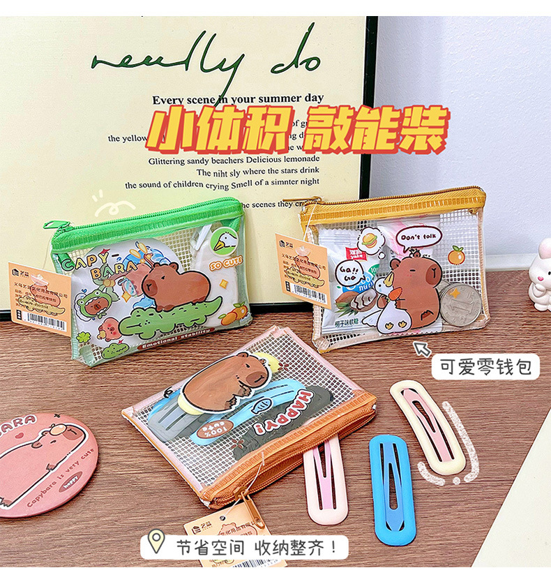 卡皮巴拉零钱包可爱PVC透明零钱袋卡通学生便携收纳袋水豚口红包详情7