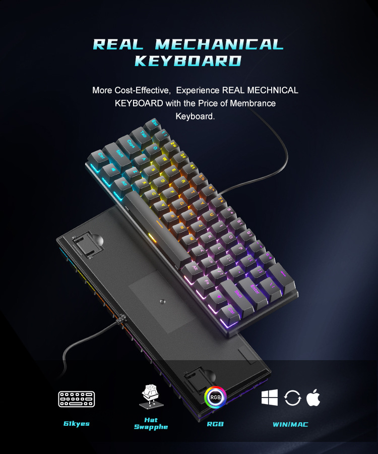 Special offer: Cross-border BD61 wired mechanical keyboard with red, blue and tea switches mixed optical gaming 61-key mechanical keyboard pic 8