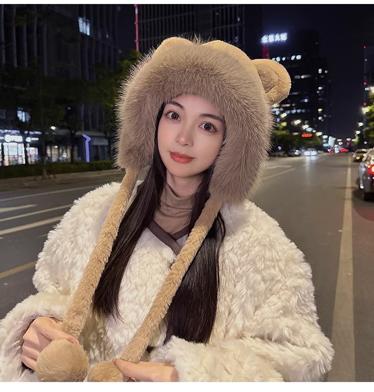 秋冬季可爱小熊毛绒绒百搭护耳包头帽女加厚套头防寒保暖加厚帽子详情21
