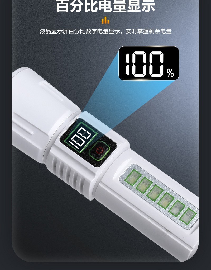 跨境新款多功能户外照明手电筒便携带挂钩数字电量显示COB侧灯详情6