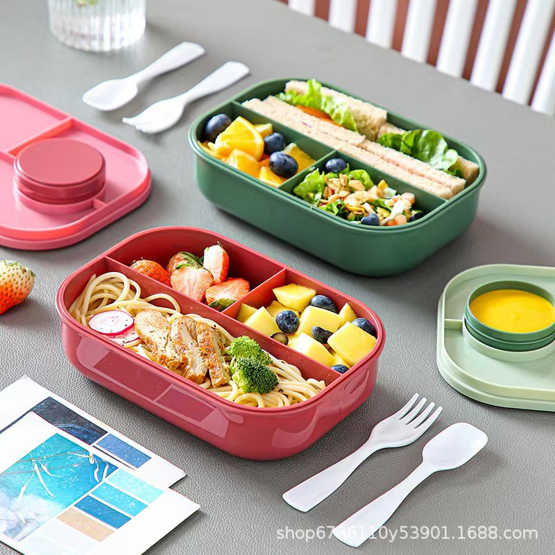 This large-capacity, simple, compartments, snap-on lunch box for office workers and student lunch box can be heated in a microwave oven with tableware included pic 10